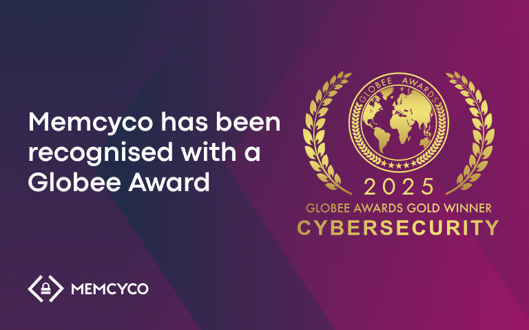 A graphic announces Memcyco Awarded Gold by Globee® Cybersecurity Awards 2025, featuring a gold laurel emblem and Memcyco’s logo.