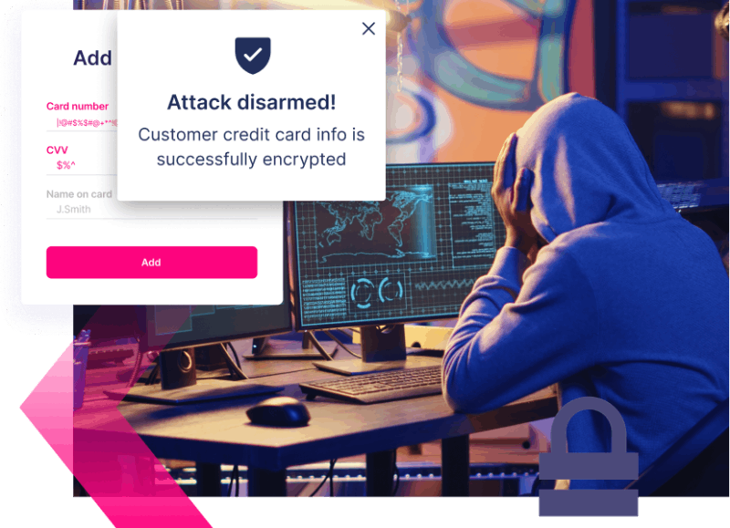 A person in a hoodie sits at a computer with coding screens; a pop-up states, "Attack disarmed! Credit Card Scams thwarted—customer credit card info is successfully encrypted.