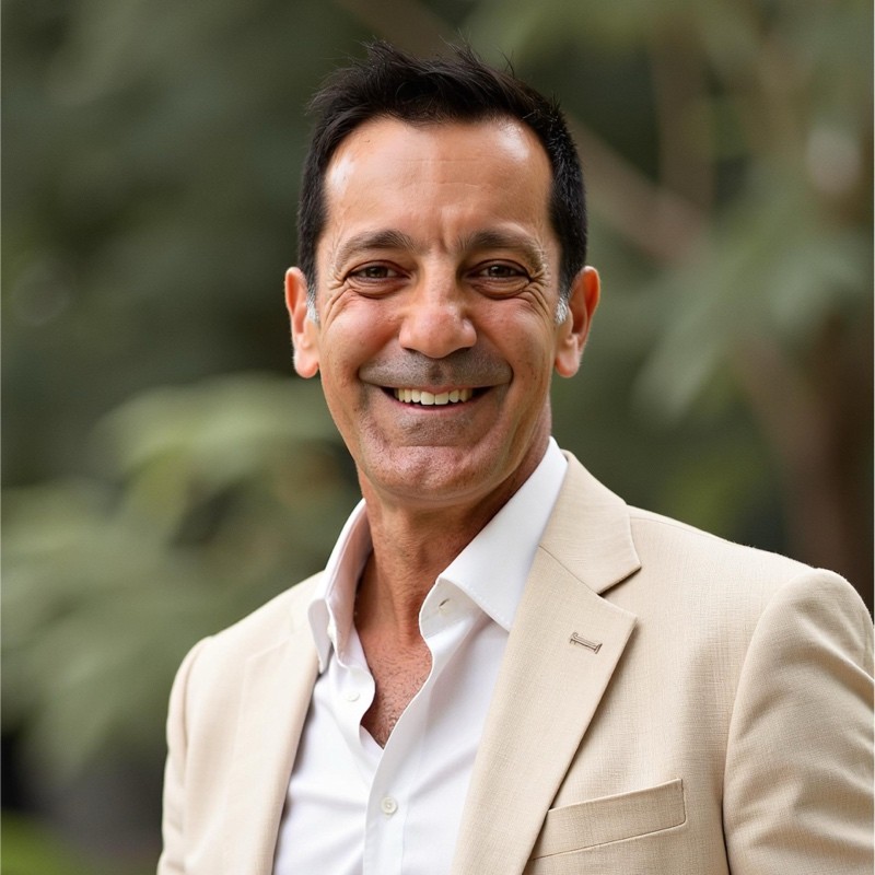 A man in a light beige suit and white shirt smiles while standing outdoors with blurred greenery in the background at Memcyco at CyberCon Australia 2025.